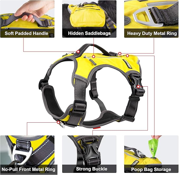 Fida Dog Harness, Multi-Functional No-Pull Pet Vest Harness with Saddle Bags Backpack, Front Leash Clip, Adjustable Soft Padded Reflective No-Choke Dog Vest Heavy Duty for X-Large Dog, XL,Yellow