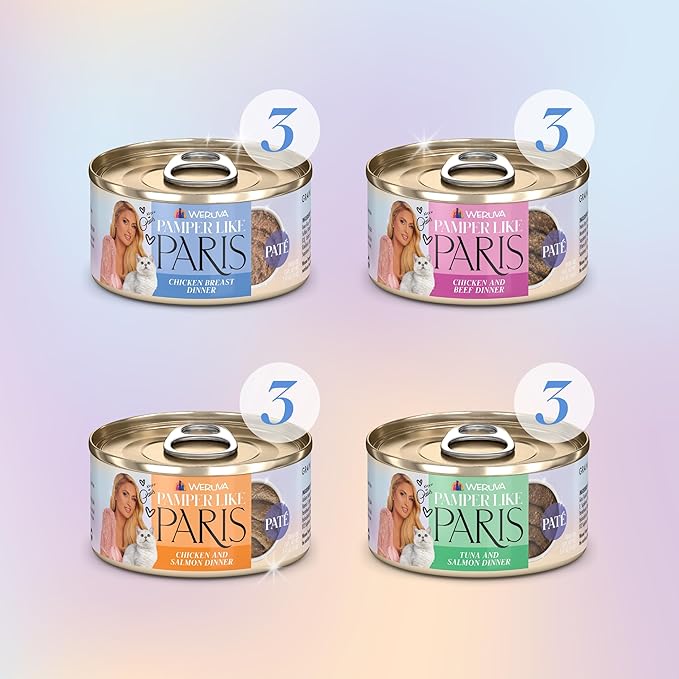 Weruva Paris Hilton Pamper Like Paris Natural Grain Free Wet Cat Food, Slay The Paté Variety Pack, 2.47oz Can (Pack of 12)
