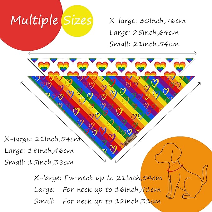 Pride Dog Bandanas 2 Pack, 4 Pattern Reversible LGBTQ+ Rainbow for Boy and Girl, Premium Long-Lasting Fabric, Summer Triangle Scarf for Medium to X-Large Breed Dogs (Large)