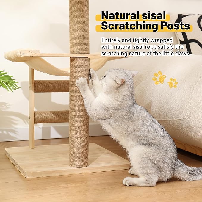 KVIDA Wooden Cat Tree for Large Cats – 35" Extra-Stable 3-Level Tower with Hammock, Oversized Perch & Thick Sisal Posts, Modern Solid Wood Cat Furniture for Indoor Multi-Cat Homes