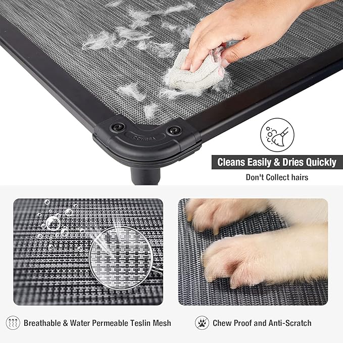 Veehoo Chew Proof Elevated Dog Bed - Cooling Raised Pet Cot - Rustless Aluminum Frame and Durable Textilene Mesh, Unique Designed No-Slip Feet for Indoor or Outdoor Use, Black Silver, X Large