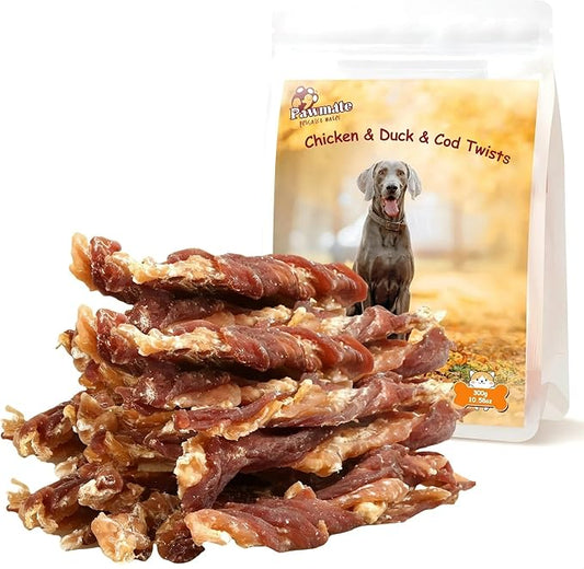 Dog Jerky Treats, Triple Flavor Chicken Duck Wrapped Cod Twisted Sticks 5'', Rawhide Free Grain Free Dog Training Snacks Chews for Small Medium Large Dogs, 10.6oz