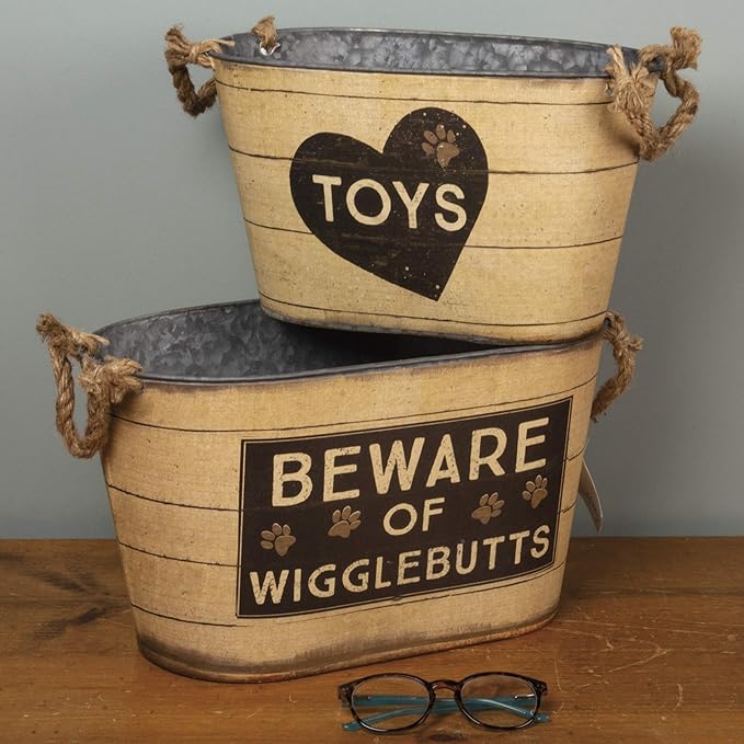 Primitives by Kathy Rustic Pet Tin Bins - Dog Food & Toy Storage Set, 'Toys & Beware of Wigglebutts' Themed Containers