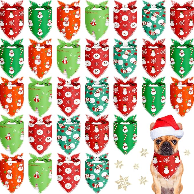 Frienda 30 Pcs Christmas Dog Bandanas Bulk Snowman Bandanas for Dogs Soft Triangle Kerchief Bibs Scarf Set for Puppy Small Medium Large Pets Christmas Party Decoration