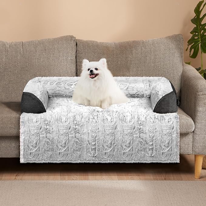 Calming Dog Bed for Couch, 35 x 31 inch Removable Couch Cover for Dogs/Cats Washable, Non-Slip Fluffy Plush Dog Sofa Mat for Furniture Protector - Grey