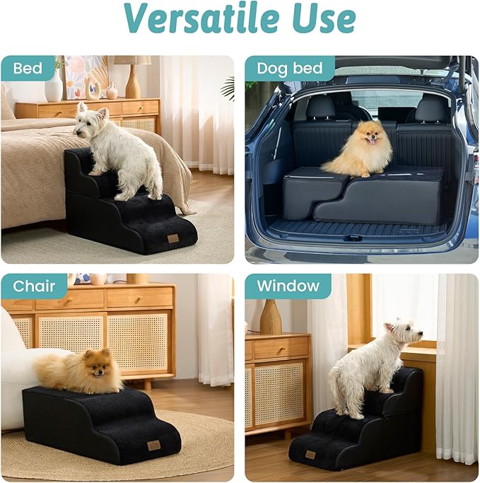 Wide Dog Stairs for Small Dogs 19.7" H, Detached Dog Step for Puppy or Older Cat, Ramp for Bed, Sofa, Couch or Chair, Ladder with High Density Foam, 17.7x28.3x19.7 inch, 4 Step, Black