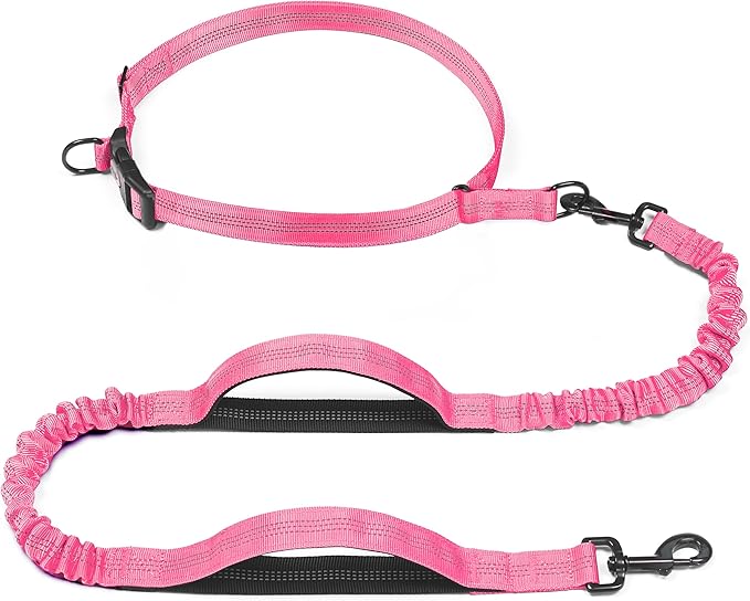 iYoShop Retractable Hands Free Dog Leash - Dual Handle Bungee Waist Leash for Small, Medium and Large Dogs (Medium/Large, 25-150 lbs, Pink)