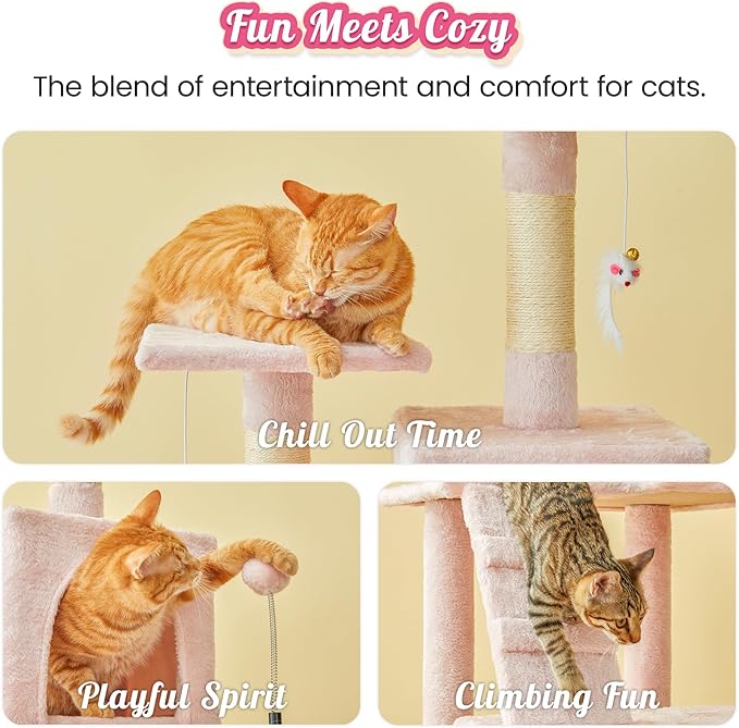 MWPO 63.8-Inch Pink Cat Tree for Indoor Cats, Multi-Level Cat Tower with Sisal-Covered Scratching Posts, Padded Platform, Hammock, Dangling Toys, Stable Cat Condo Pet Play House