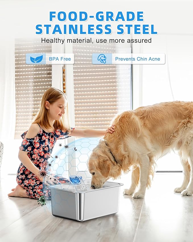 Lesotc Dog Water Fountain for Large Dogs, 11L/3Galon Stainless Steel Large Pet Water Fountain with 4 Filters, Automatic Dog Water Bowl Dispenser, Ultra-Quiet Pump, Ideal for Multi-Pet Home