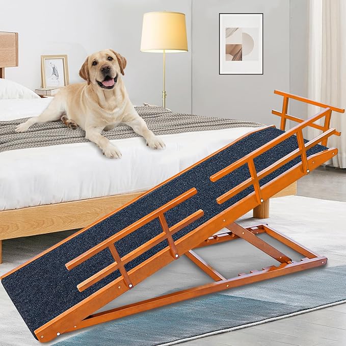 Dog Ramp for High Bed - 65" Length, Supports up to 32" Height,Includes Non-Slip Replaceable Carpet, Safety Rails &Landing Platform,Adjustable Pet Ramp for Large Dogs to Get on Bed - Koa