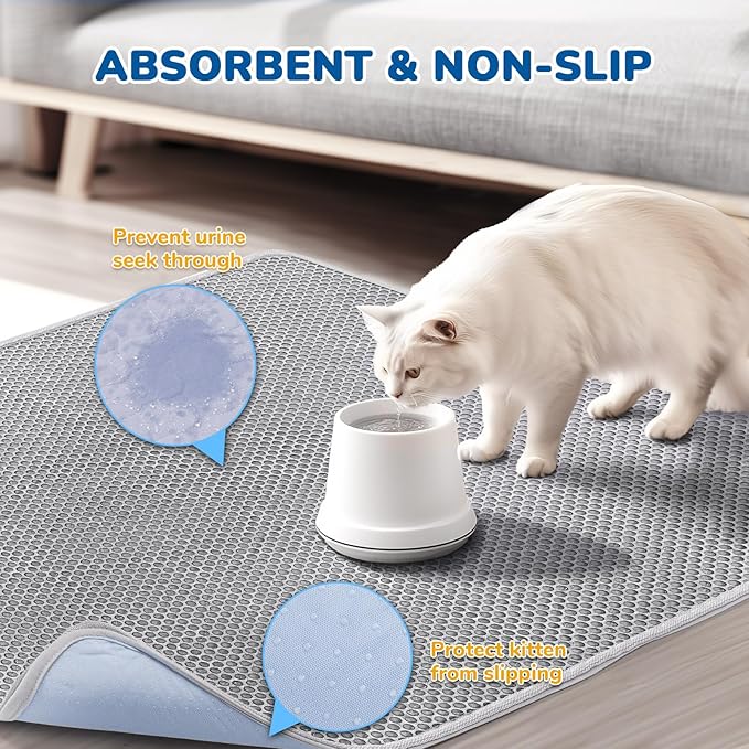 BurgeonNest Cat Litter Mat 47" x 35" Upgraded Felt & Fabric Material Cat Trapping Mat for Fewer Creases, Extra Large Hold 3-4 Litter Boxes Urine-Proof Non Slip, Machine Washable, Soft on Paws, Grey