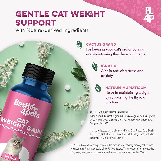 Cat Hyperthyroid & Gentle Weight Gain Support for Cats and Kittens - Natural Feline Thyroid Balance for All Ages in Odorless Easy to Use Tiny Pills That Improve Appetite, Coat & Energy (400 Pills)