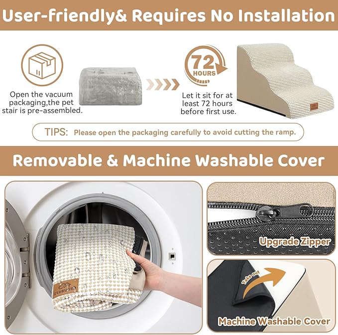 Dog Ramp and Stair for Bed 16" H-20 H,3-Step Cat Stair for Sofa and Chair,4-Step Dog Ramp for High Bed and Window,Durable Nonslip Fabric Cover for Indoor (Beige-20 H, Pet Friendly, 4)