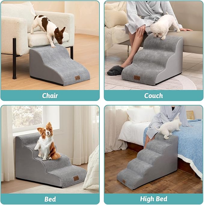 Dog Stairs for Small Dogs 19.7" H, Curved Dog Step for Puppy, Older or Cat, Medium Pet Ramp for Sofa, Couch or Bed, Ladder with High Density Foam, 4 Step, 15.7x28.3x19.7 inch, Grey