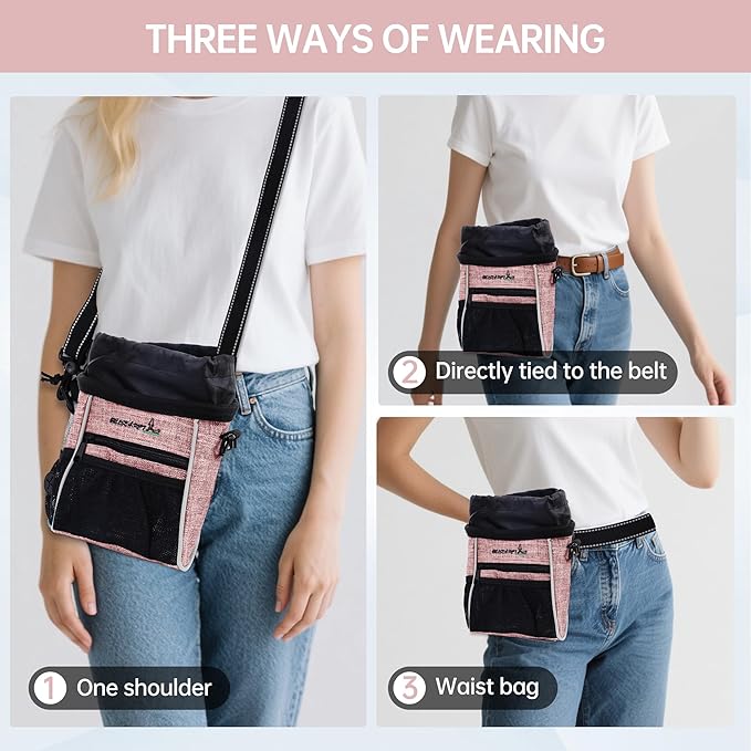 Dog Treat Pouches Training Walking Bag with Shoulder Strap, Large Space for Pets Food, Polyester Fabric, 3-Way Wearing Design, Portable Pet Bagand Easy to Clean (Pink)