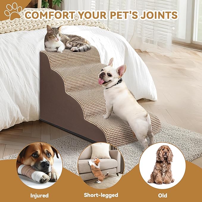 Dog Ramp and Stair for Bed 16" H-20 H,3-Step Cat Stair for Sofa and Chair,4-Step Dog Ramp for High Bed and Window,Durable Nonslip Fabric Cover for Indoor (Coffee-16 H, Pet Friendly, 3)