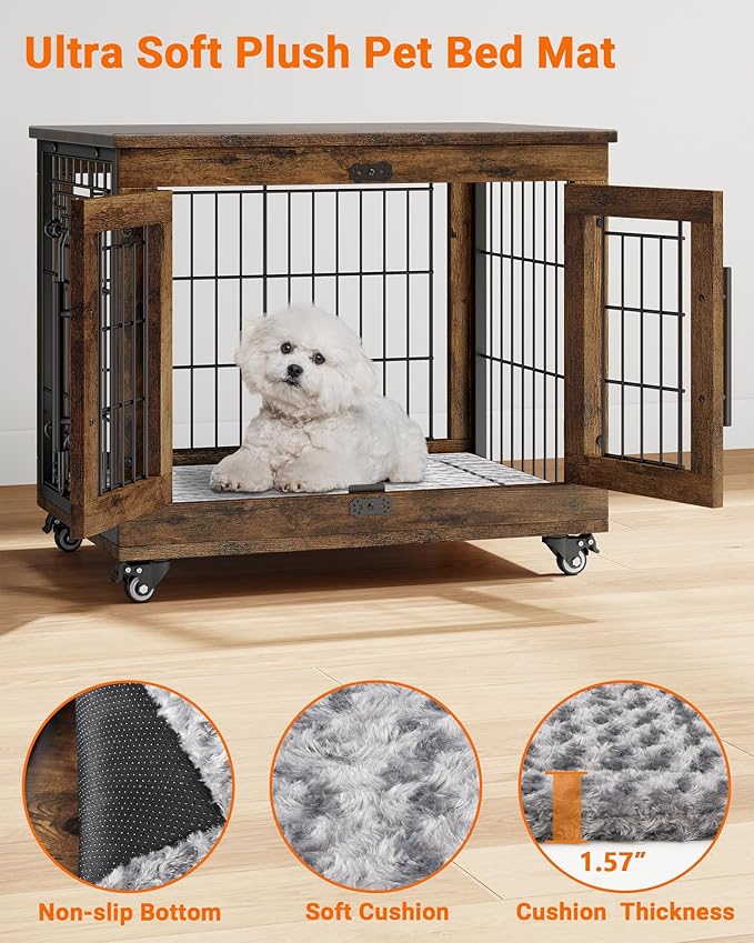 Dog Crate Furniture with Cushion Set of 2, Wooden Dog Kennel Indoor with Double Doors, Dog Cage with Wheels, Dog House Side End Table for Small Dogs up to 30 lb, 27.2" L, Rustic Brown