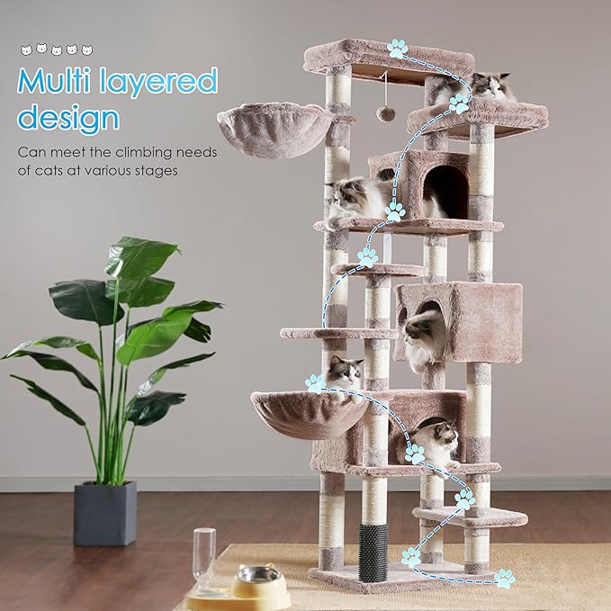 Hey-brother Cat Tree, 74 inches Multi-Level XL Large Cat Tower for Indoor Cats with Three Cat Condos, Two Large Top Decks and Cat Hairbrushfor Kittens, Cats and Pets,Muchroom MPJ035-MMU