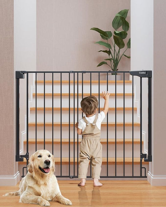 Cumbor 34" Extra Tall No Bottom Bar Baby Gate for Stairs, Wall Mounted Dog Gate Indoor for Larger Pets, Expandable 29.2-43" Safety Gate for Doorways, Wide Walk Thru Door for Easy Access (Black)