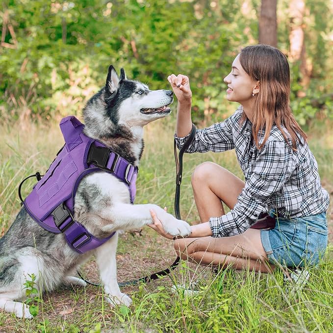 WINGOIN Purple Tactical Dog Harness for Large Dogs, Heavy Duty No Pull Dog Harness with Handle, Adjustable Reflective Military K9 Big Pet Vest for Husky, Doberman, Walking, Training, Hunting (XL)