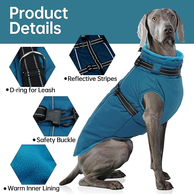 PUMYPOREITY Dog Jackets for Large Dogs, Warm Dog Winter Coat with Harness Built in, Fleece Jacket with Back Zipper, Cold Weather Coats for Outdoor, Waterproof & Windproof Pet Snowsuit, Blue, XL
