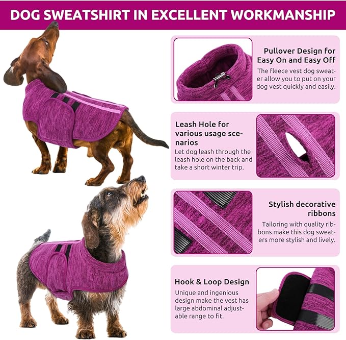 Queenmore Large Dog Sweaters, Soft Fleece Vest Pullover Dog Jacket with Leash Hole, Warm Winter Dogs Clothes Cold Weather Doggy Dachshund Sweater for Large Dogs Cats Boy or Girl (Cationic Berry, L)