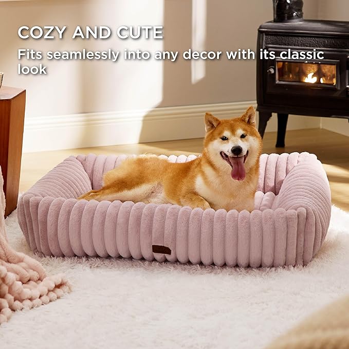 Bedsure Cute Dog Bed for Large Dogs - Washable Furry Puppy Beds, Rectangle Orthopedic Corduroy Fleece Pet Beds with Removable Zipper Cover, 36x27x8inches, Blush Pink