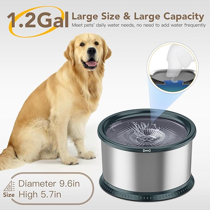 4.5L/1.2Gal Dog Water Bowl, No Spill Stainless Steel Slow Water Bowl for Medium Large Dogs, Large Capacity Splash Proof Slow Drinking Water Bowls with Anti-Slip Mat for Mess Drinkers, Green