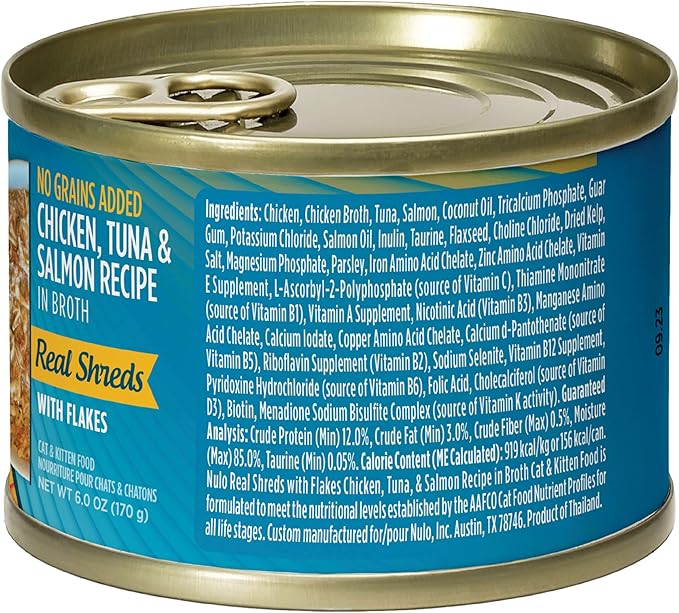 Nulo Grain-Free Real Shreds with Flakes Wet Canned Cat & Kitten Food, Chicken, Tuna, and Salmon in Broth, 6.0 Ounce, 8 Cans