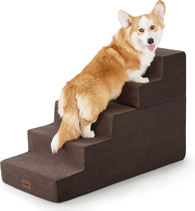 Made4Pets Dog Stairs for High Bed, Extra Wide Pet Stairs for Bed Couch Sofa, 35D Foam Pet Steps for Small Dogs and Cats(Up to 40lbs), Non-Slip Bottom Dog Steps, Brown, 5 Steps