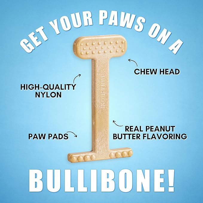 Bullibone Nylon Dog Chew Toy Nylon Bone - Improves Dental Hygiene, Easy to Grip Bottom, and Permeated with Flavor (Peanut Butter, XL - Single)