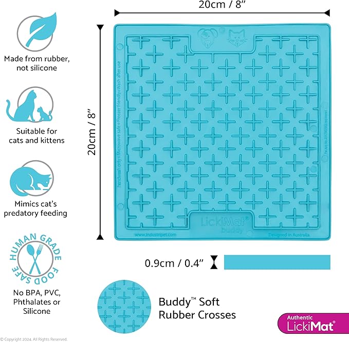 LickiMat Classic Buddy, Cat Slow Feeder Lick Mat, Boredom Anxiety Reducer; Perfect for Food, Treats, Yogurt, or Peanut Butter. Fun Alternative to a Slow Feed Cat Bowl or Dish, Turquoise