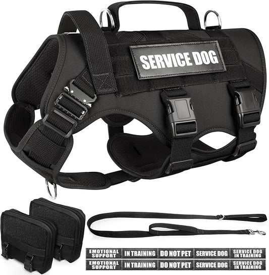 WINSEE Tactical Dog Harness with Dog Leash, Service Working MOLLE Vest with 10 Pet Patches for Medium Dog, No Pull Military Harness and Backpack for Training Hunting Walking