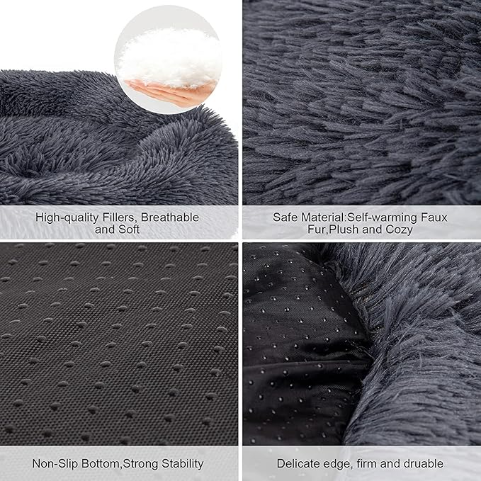Dog Bed, Cat Calming Bed, Faux Fur Pillow Pet Donut Cuddler Round Plush Bed for Large Medium Small Dogs and Cats (Dark Grey, 49.0" L x 38.0" W x 7.0" Th)