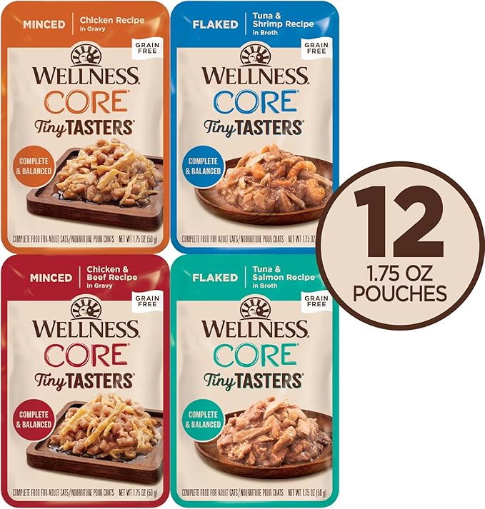 Wellness CORE Tiny Tasters Adult Wet Cat Food, Natural, Protein-Rich, Grain Free, 1.75-Ounce Pouch, 12 Pack, (Seafood & Poultry Variety Pack)