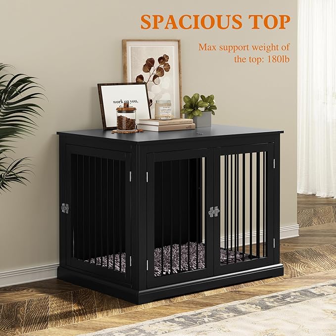 Large Dog Crate Furniture, Wooden Dog Kennel with Cushion, Dog Crate End Table Large, Indoor Dog Kennel, Modern Decorative Dog Crates with Flip Top, Chew-Proof Metal Bars, Black