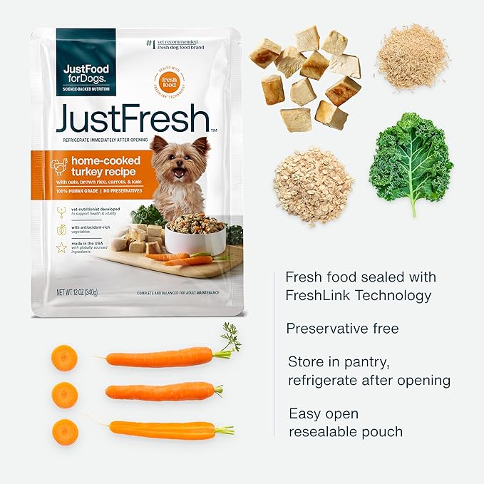 JustFoodForDogs JustFresh Wet Dog Food, Fresh Pet Meals and Toppers with No Preservatives, Resealable Package, Human Grade, Home-Cooked Turkey, 12 oz - 7 Pack