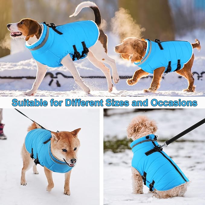 Dogcheer Dog Coat with Harness, Waterproof Dog Jacket Adjustable Pet Winter Coat with Zipper, Christmas Puppy Snow Jacket Fleece Sweater for Small Medium Large Dogs - Sky Blue M