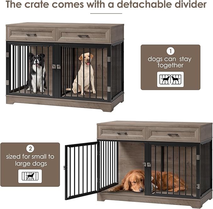 Dog Crate Furniture 47" Wooden Dog Kennels for Dogs Indoor with a Removable Divider for Large/Medium/Small Dogs, 2 Storage Drawers and Large Tabletop Dog Cages Double Doors Dog House, Rustic