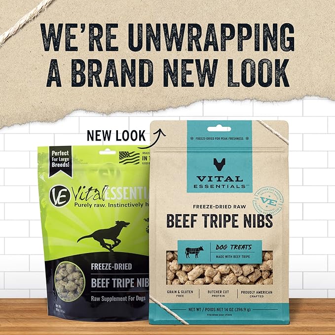 Vital Essentials Beef Tripe Nibs Dog Treats, 14 oz | Freeze-Dried Raw | Single Protein | Premium Quality High Protein Training Treats | Grain Free, Gluten Free, Filler Free