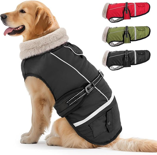 Dog Coat, Warm Dog Winter Coat Reflective Jacket Waterproof Fleece Vest, Pet Jacket Cozy for Cold Weather, Dogs Snowsuit Windproof, Adjustable Buckle for Large Dogs