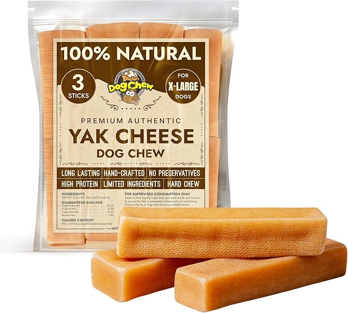 Tibetan Dog Chew Yak Cheese Sticks - Natural Treats for Extra Large Dogs, Long-Lasting, Easy Digest, Perfect for Aggressive Chewers, Grain and Gluten-Free, 3 Durable Chews