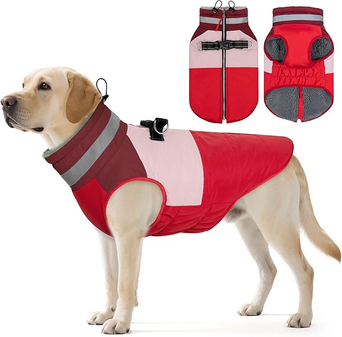 Dog Winter Coat, Reflective Dog Coats for Large Dogs, Waterproof Windproof Pet Clothes Jacket with Harness Built in, Warm Cold Weather Coats, Dogs Snowsuit Vest, Red XX-Large