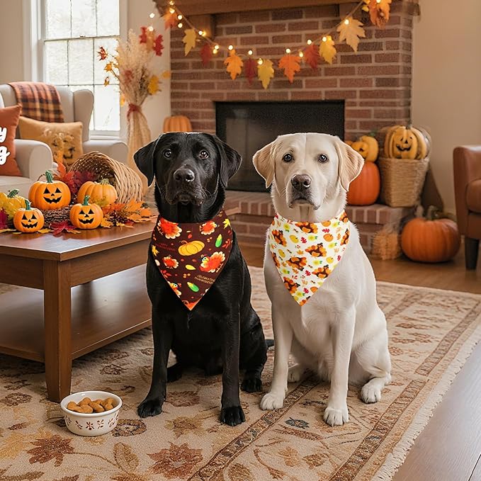 Thanksgiving Dog Bandanas XLarge 2PCS, Triangle Reversible Holiday Scarf for Boy and Girl, Fall Autumn Bibs Accessories