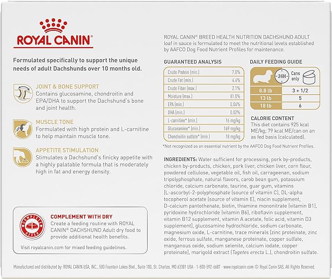 Royal Canin Breed Health Nutrition Dachshund Adult Loaf in Sauce Dog Food, 3 oz (Pack of 6)