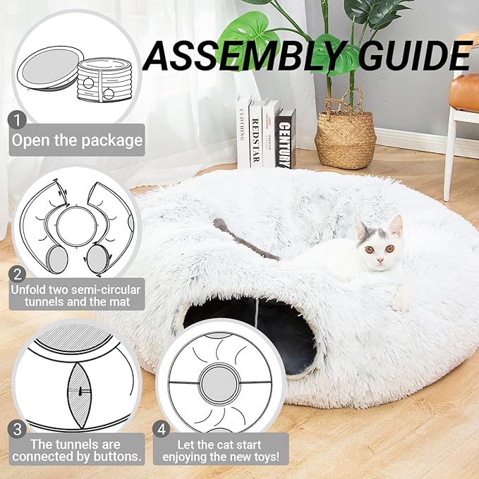 LUCKITTY Warm Fluffy Plush Cat Dog Tunnel Bed Under Christmas Tree Big Tube Playground Toys 3 FT Diameter Longer Crinkle Collapsible 3 Way, for Indoor Cat Kitty Kitten Puppy Rabbit Ferret White