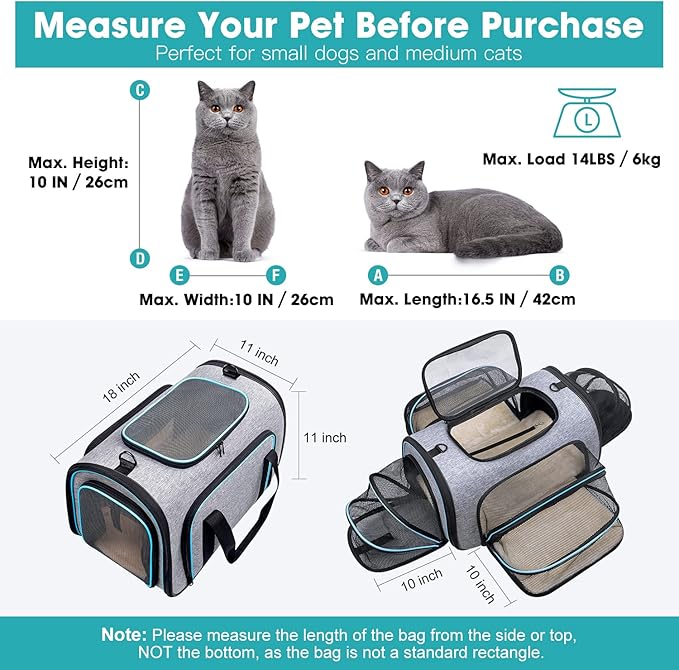 Siivton 4 Sides Expandable Pet Carrier, Airline Approved Soft-Sided Dog Cat Carrier Bag with Fleece Pad for Cats, Puppy and Small Animals (4 Extension Gray_Blue, L:18.0" L x 11.0" W x 11.0" H)
