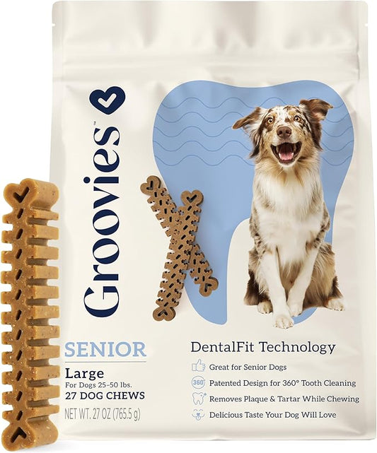 Groovies Slightly Softer, Yet Flexible Dental Chew for Senior Dogs & Delicate Chewers. Powered by USA-Patented DentalFit Tech. No Added Gluten, No Artificial Flavors or Colors. 27oz Large (27Chews)