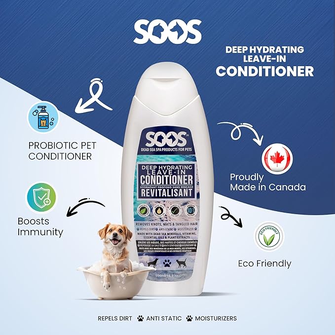Soos Pet Deep Hydrating Leave-in Conditioner for Dogs & Cats | Natural Dead Sea Minerals | Skin Moisturizer, Polish Deeply, Reduces Shedding | Vitamins for Healthy Skin & Coat - 500ml