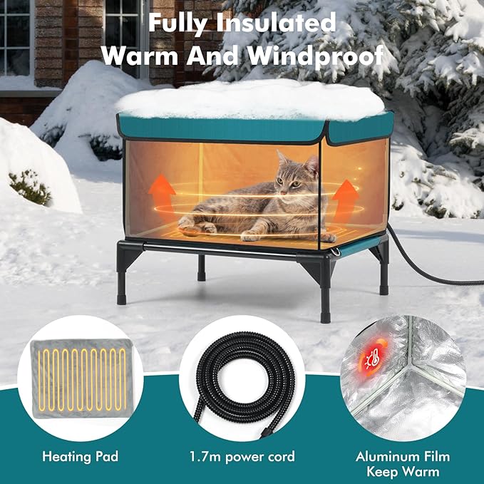 Heated Cat House for Outside Cat in Winter, Insulated Outdoor Feral Cat Shelter with Cat Heating Pad, 2 Doors,Elevated Waterproof Heated Kitty House (Blue, 21.5"x16.5"x18")